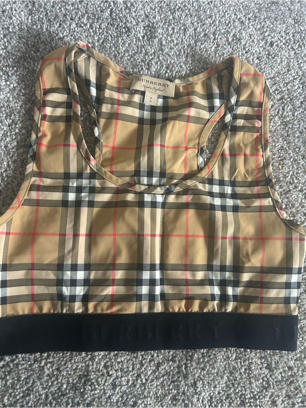 Burberry Classic Nova Check Crop Sports Bra in Beige and Black